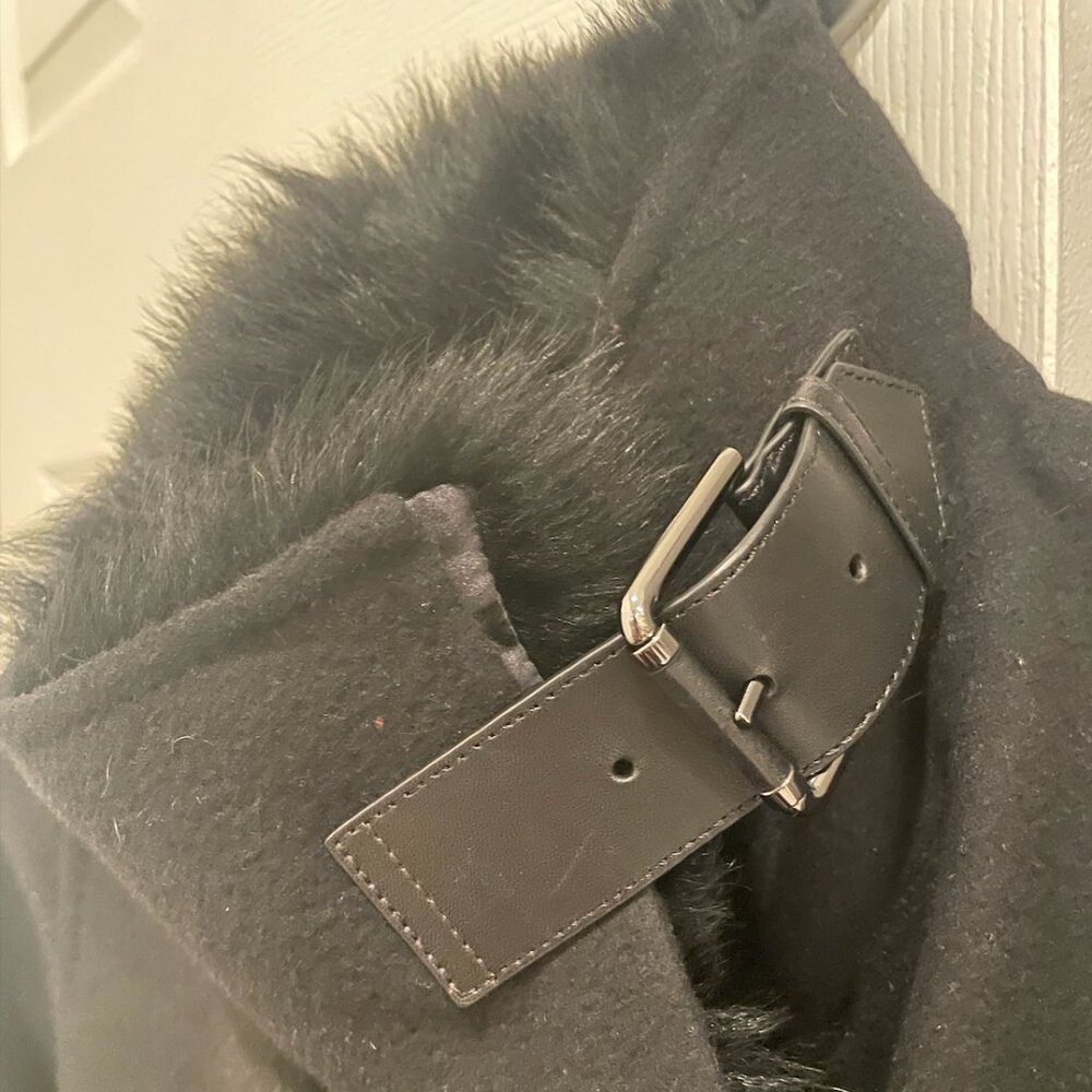 Ralph Lauren Black Label Shearling Collar Wool Coat with Leather Trim